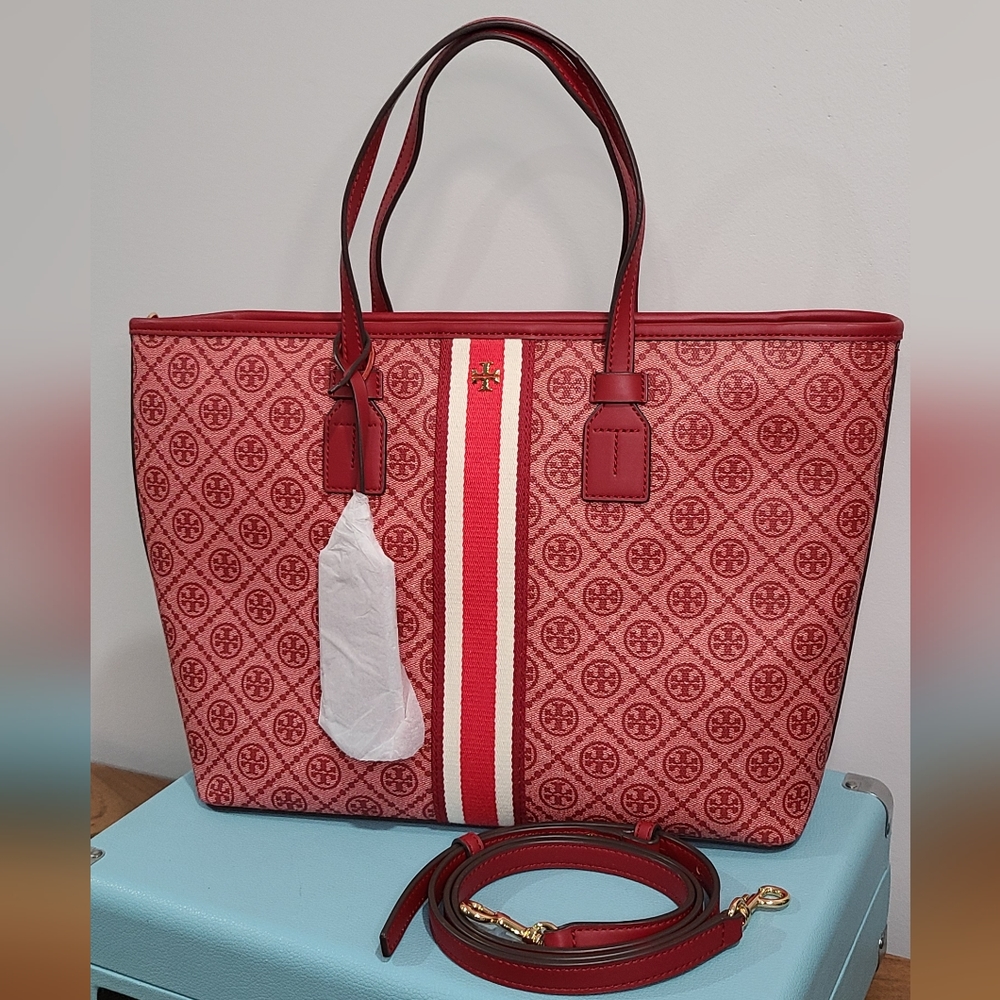 TORY BURCH T MONOGRAM COATED CANVAS SMALL TOTE IN LOGANBERRY